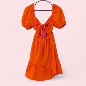 Orange Tie-Front Puff-Sleeve Midi Dress